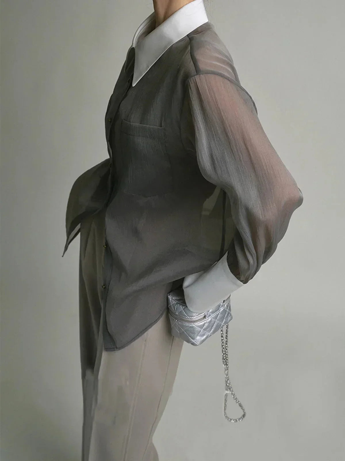 Women's Long Sleeve Sheer Blouse Contrasting Trim