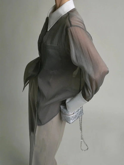 Women's Long Sleeve Sheer Blouse Contrasting Trim