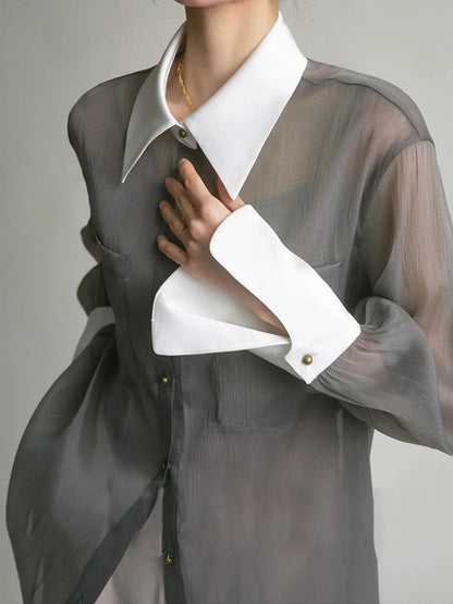 Women's Long Sleeve Sheer Blouse Contrasting Trim