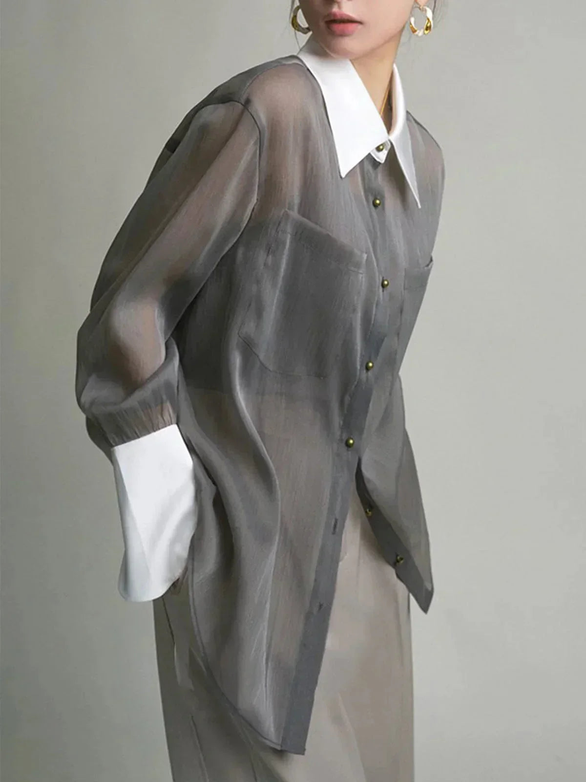 Women's Long Sleeve Sheer Blouse Contrasting Trim - Vonnera