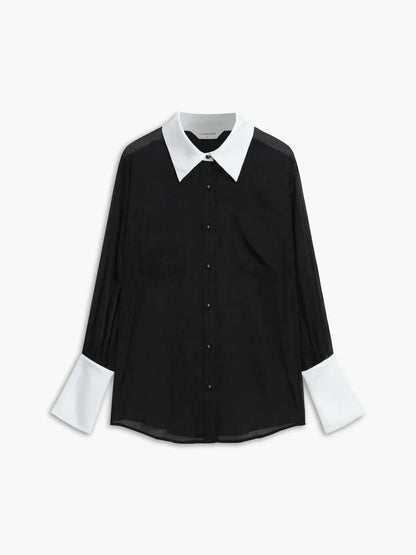 Women's Long Sleeve Sheer Blouse Contrasting Trim