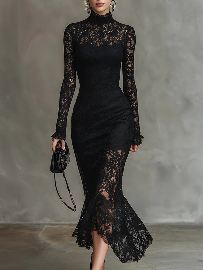 Women's Lace Bodycon Midi Dress Long Sleeve - Vonnera