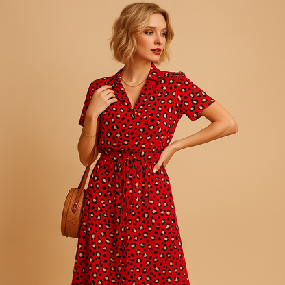 Chic midi dress with short sleeves for women featuring a flattering fit, ideal for office wear, formal events, and casual outings.