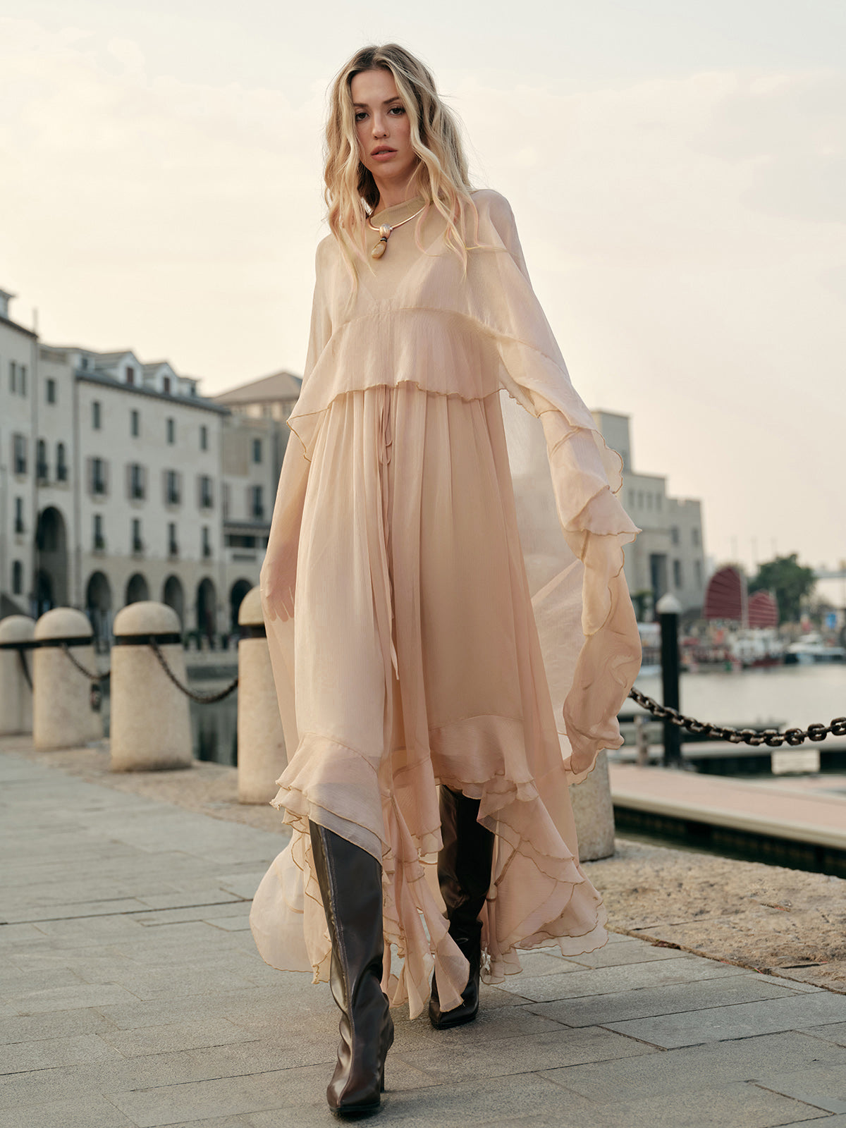 Seraphina Women's Maxi Dress Chiffon Cape Sleeves