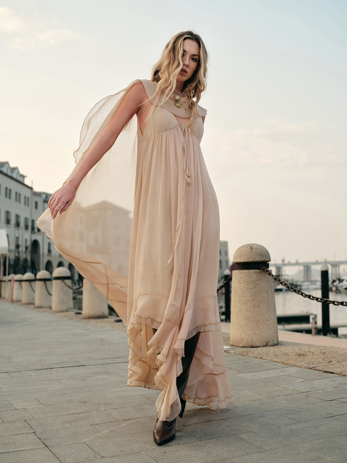Seraphina Women's Maxi Dress Chiffon Cape Sleeves