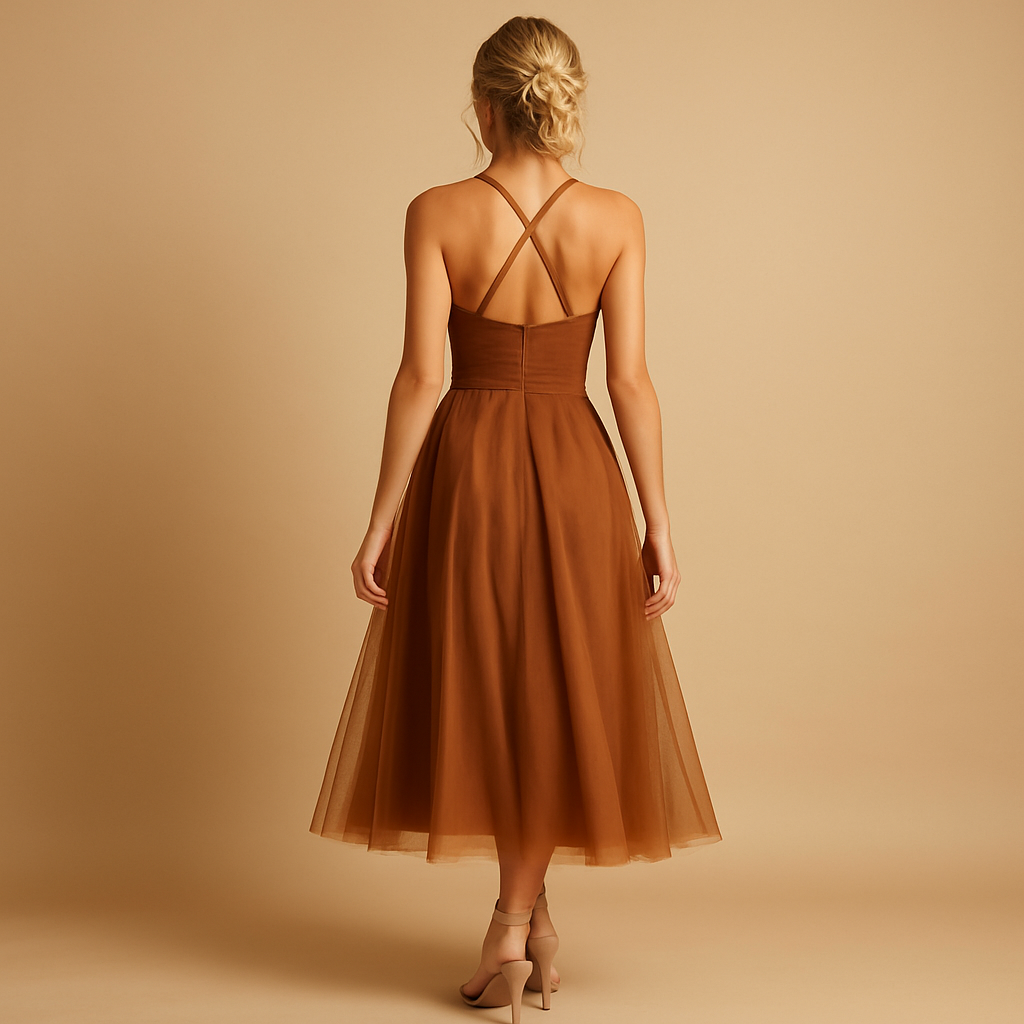 Women’s sleeveless chiffon maxi dress with tulle overlay and round neckline, perfect for weddings, evening parties and formal occasions.