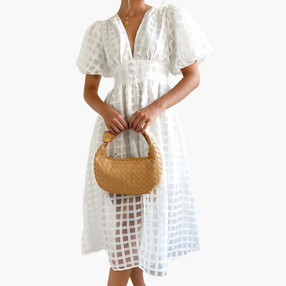 Image of Cindy | Women's Puff Sleeve A-Line Midi Dress