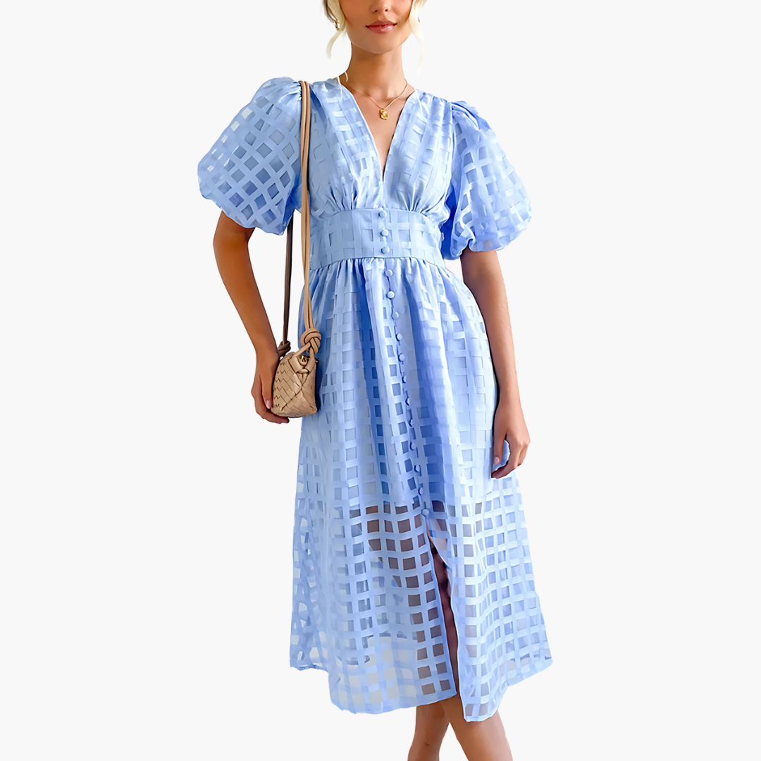 Image of Cindy | Women's Puff Sleeve A-Line Midi Dress