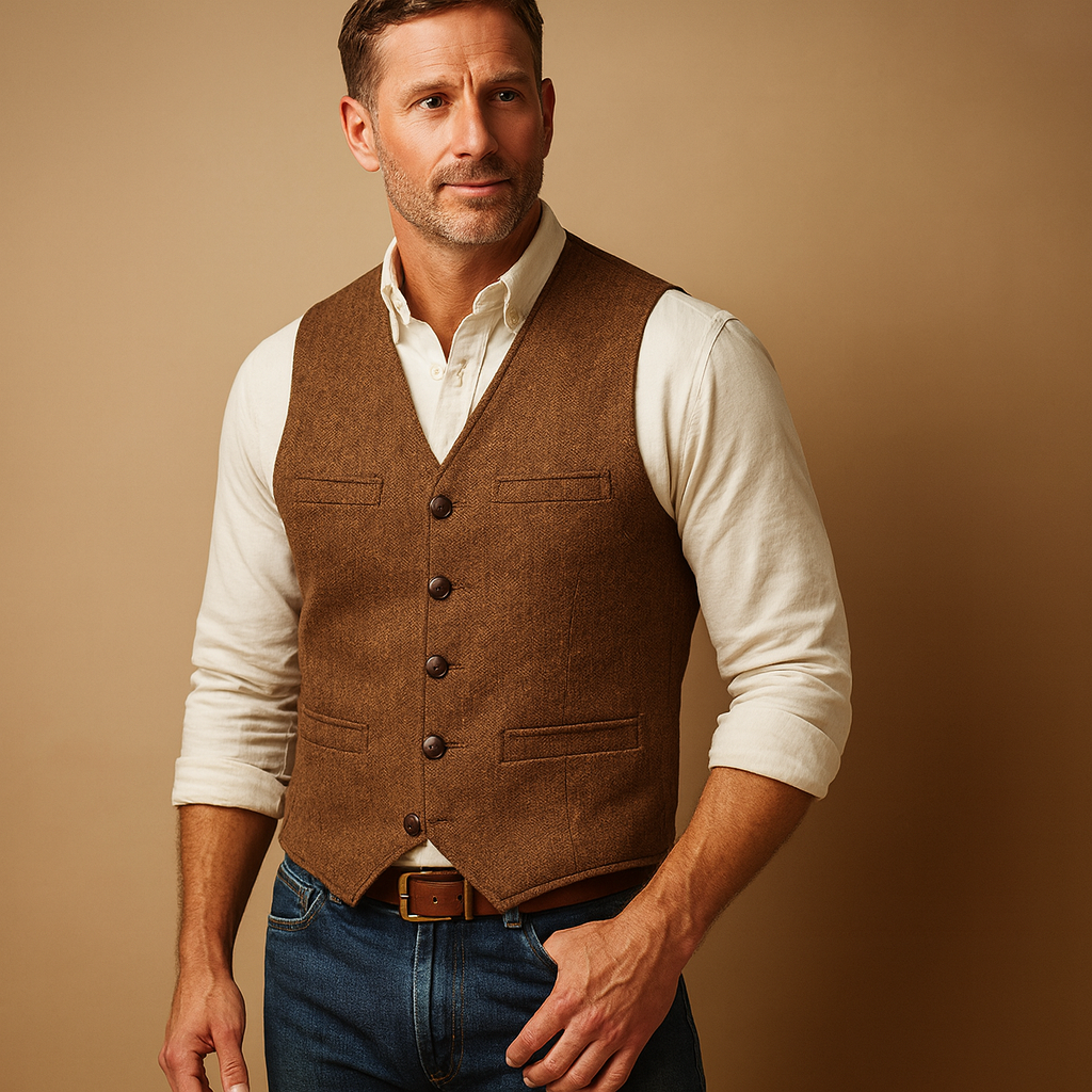 Classic mens vest for men with adjustable button closure and practical pockets, ideal for formal and casual outfits in autumn and winter.