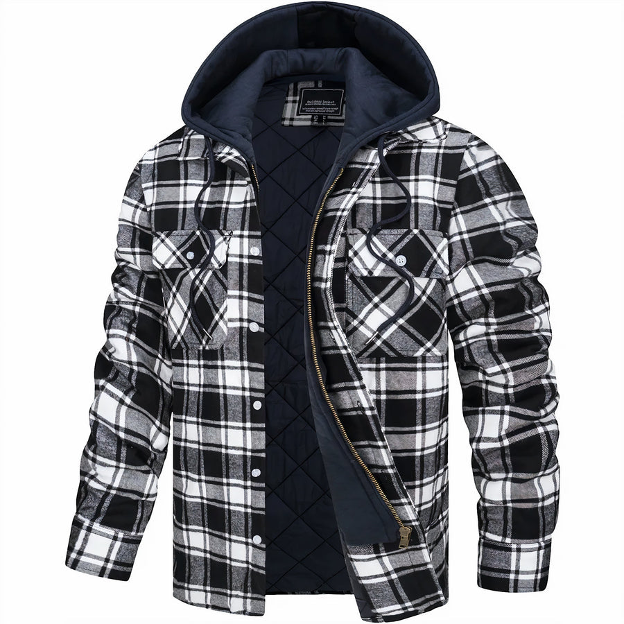 Men's Plaid Bomber Jacket Quilted Lined Hooded