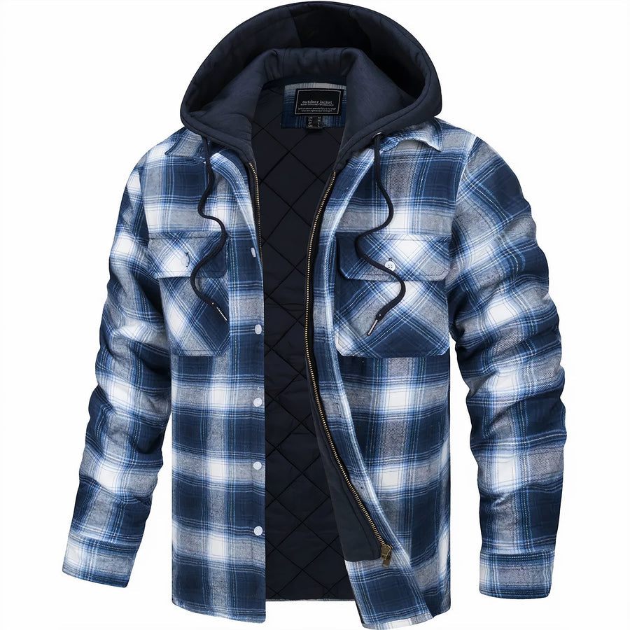Men's Plaid Bomber Jacket Quilted Lined Hooded