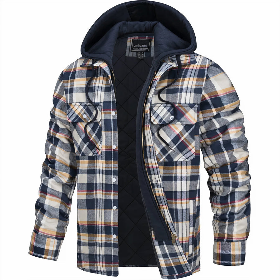 Men's Plaid Bomber Jacket Quilted Lined Hooded