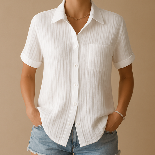 Women's Short Sleeve Blouse Cotton Chest Pocket White - Vonnera