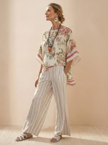 Women's Striped Wide Leg Pants Set Cotton Casual Two Piece