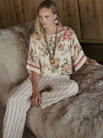 Women's Striped Wide Leg Pants Set Cotton Casual Two Piece
