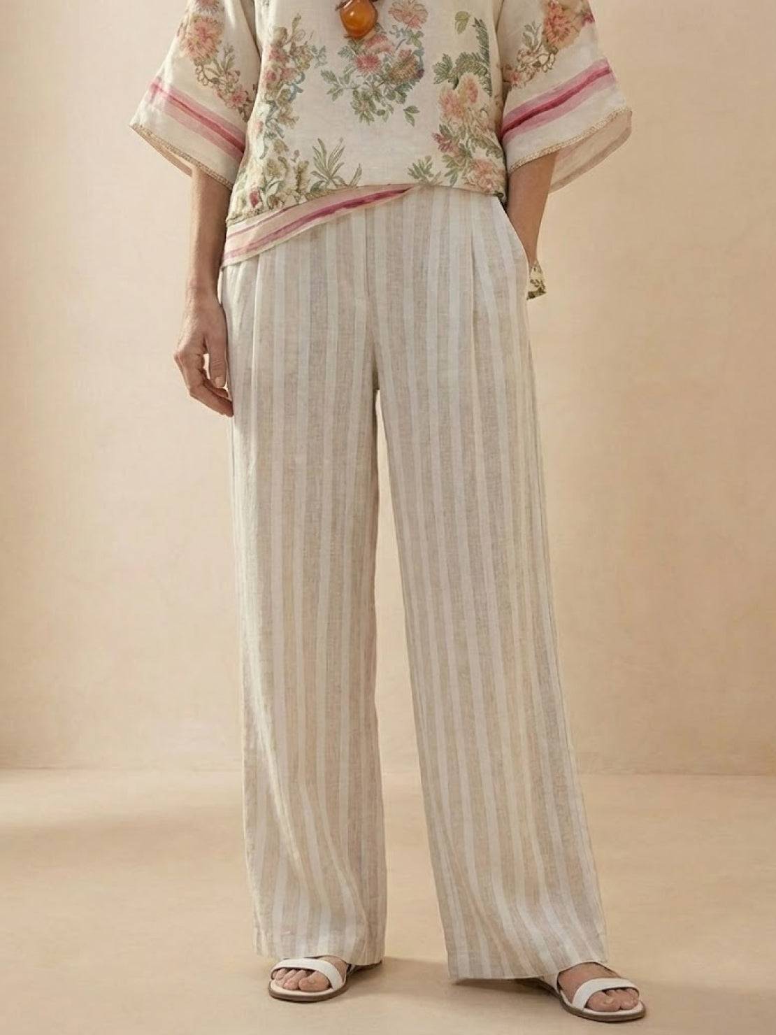 Women's Striped Wide Leg Pants Set Cotton Casual Two Piece