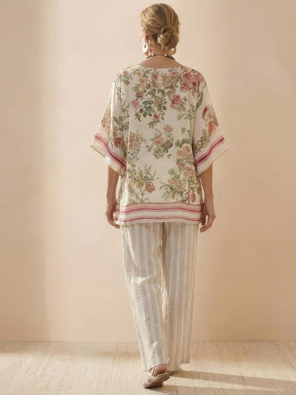 Women's Striped Wide Leg Pants Set Cotton Casual Two Piece