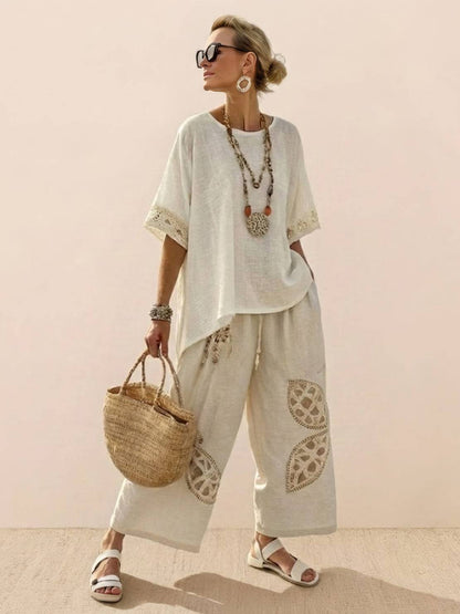 Women's Striped Wide Leg Pants Set Cotton Casual Two Piece