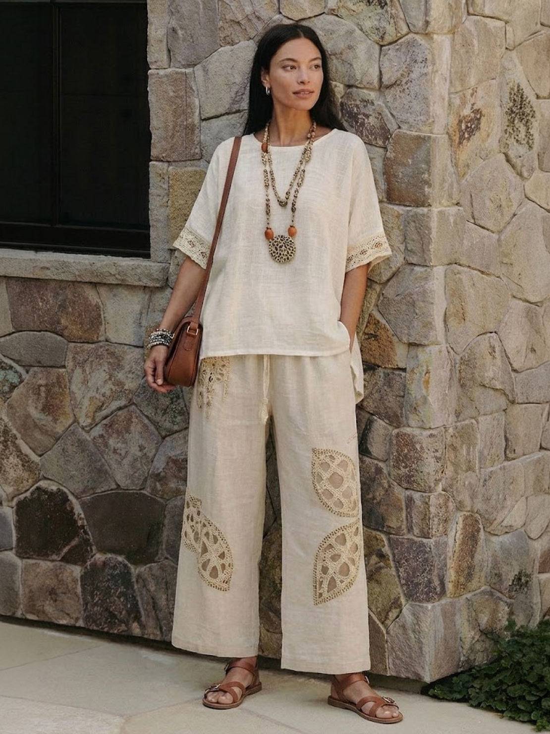 Women's Striped Wide Leg Pants Set Cotton Casual Two Piece