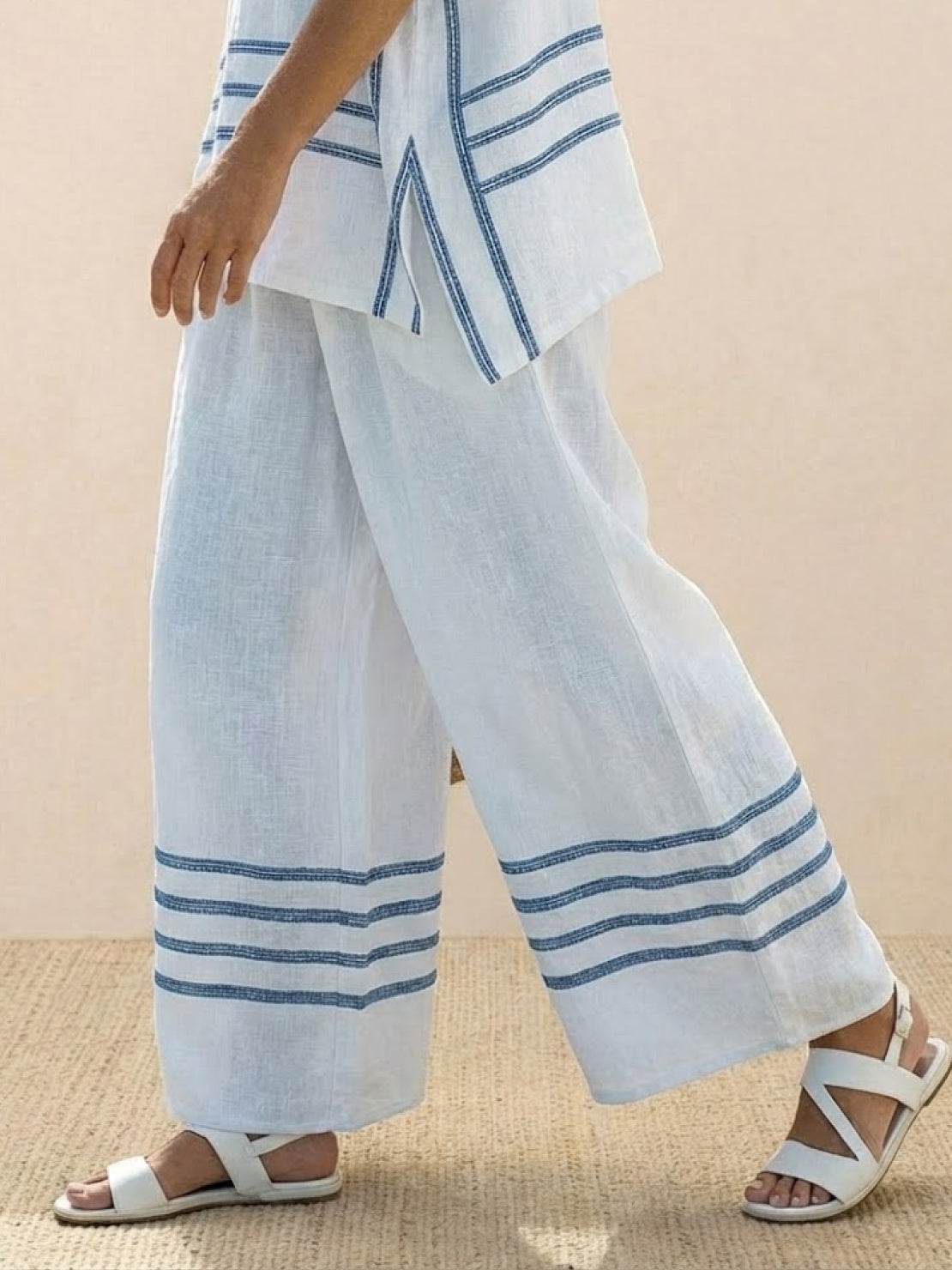 Women's Striped Wide Leg Pants Set Cotton Casual Two Piece
