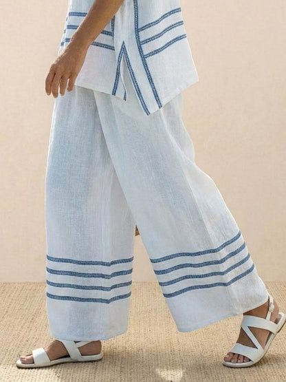 Women's Striped Wide Leg Pants Set Cotton Casual Two Piece