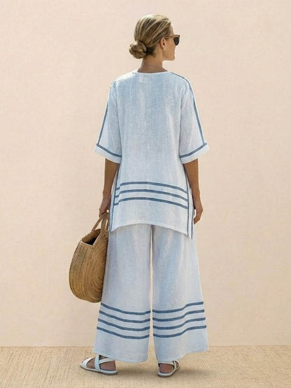 Women's Striped Wide Leg Pants Set Cotton Casual Two Piece