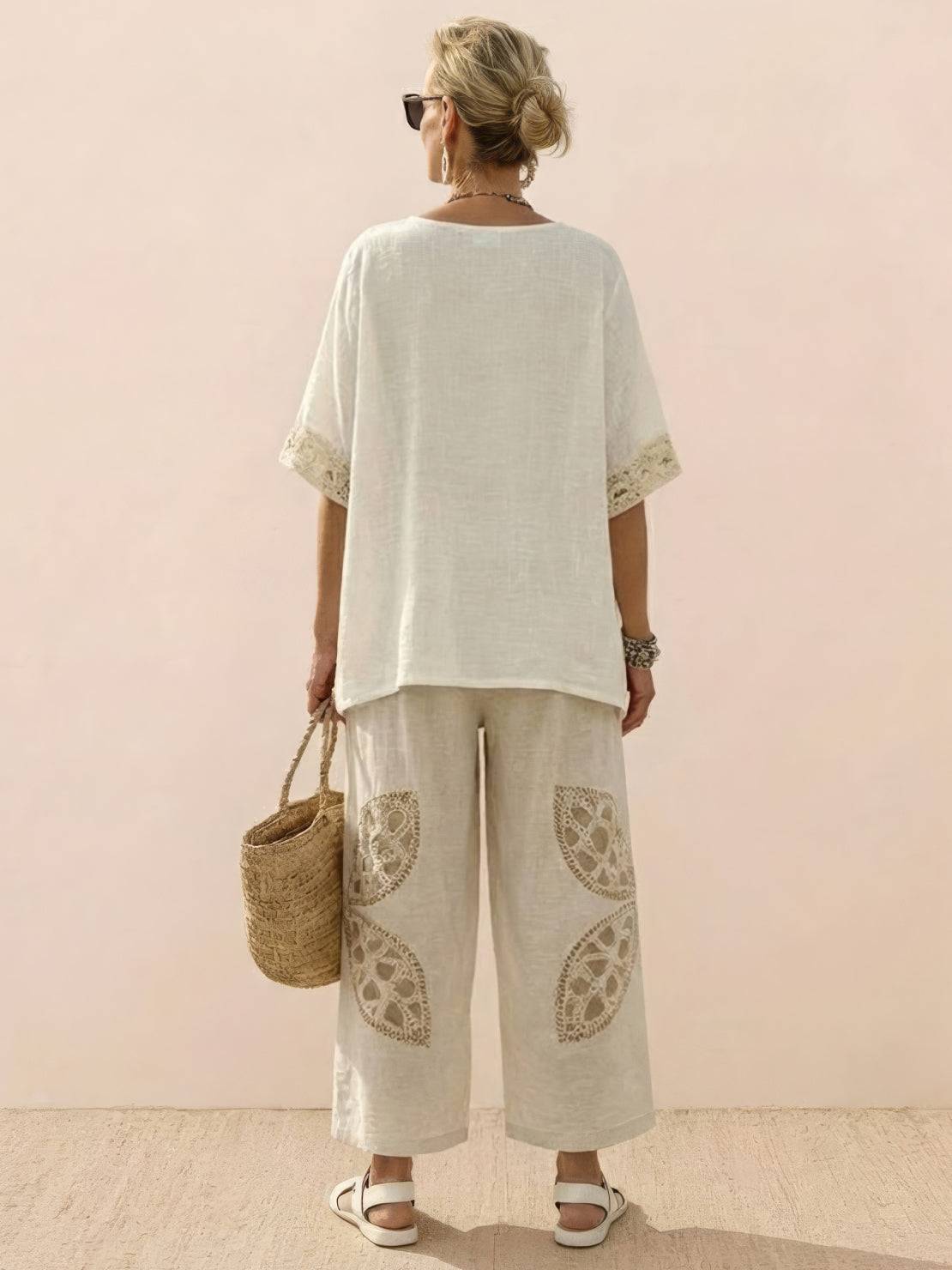 Women's Striped Wide Leg Pants Set Cotton Casual Two Piece
