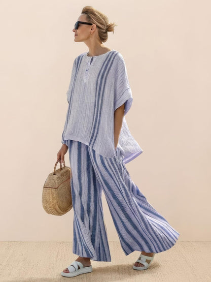 Women's Striped Wide Leg Pants Set Cotton Casual Two Piece