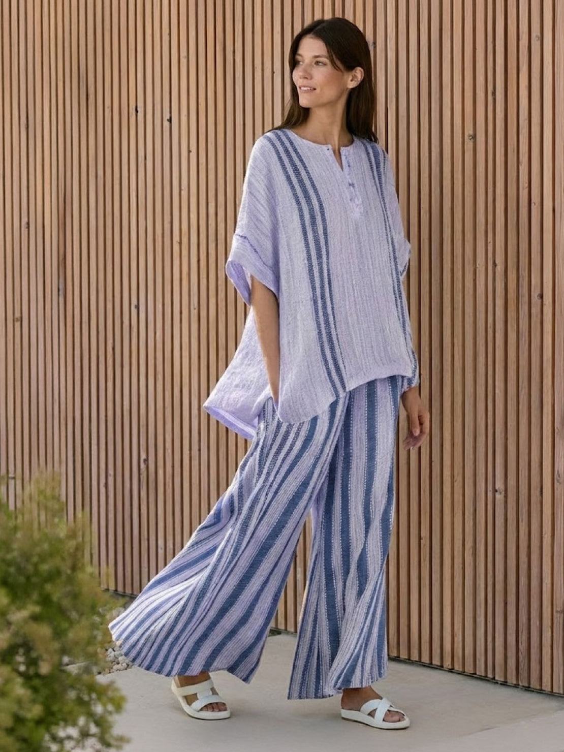 Women's Striped Wide Leg Pants Set Cotton Casual Two Piece