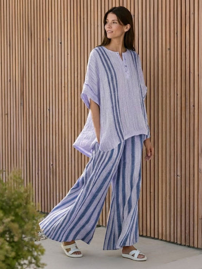 Women's Striped Wide Leg Pants Set Cotton Casual Two Piece