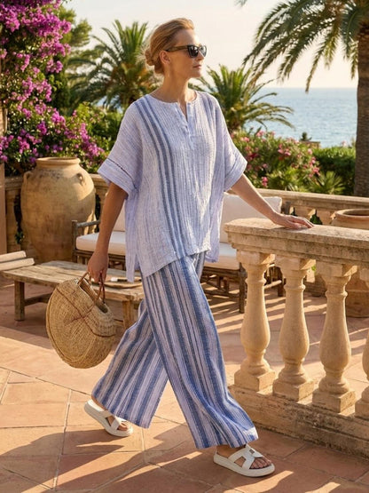 Women's Striped Wide Leg Pants Set Cotton Casual Two Piece