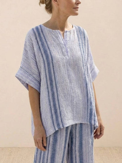 Women's Striped Wide Leg Pants Set Cotton Casual Two Piece