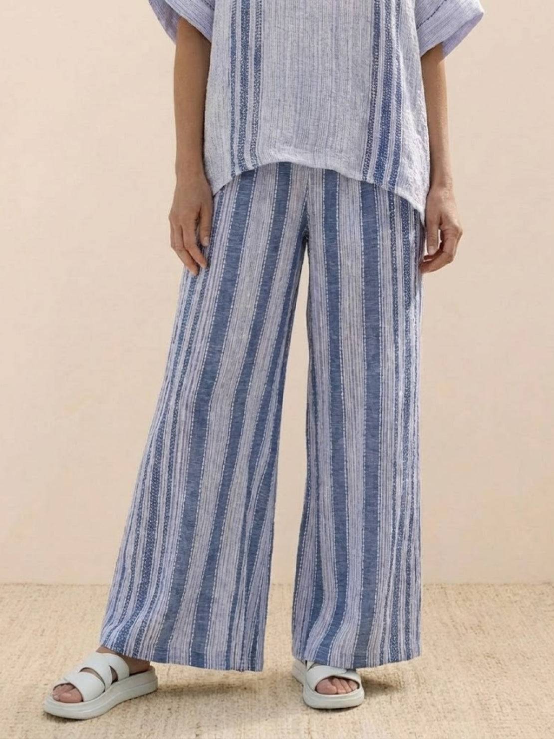 Women's Striped Wide Leg Pants Set Cotton Casual Two Piece