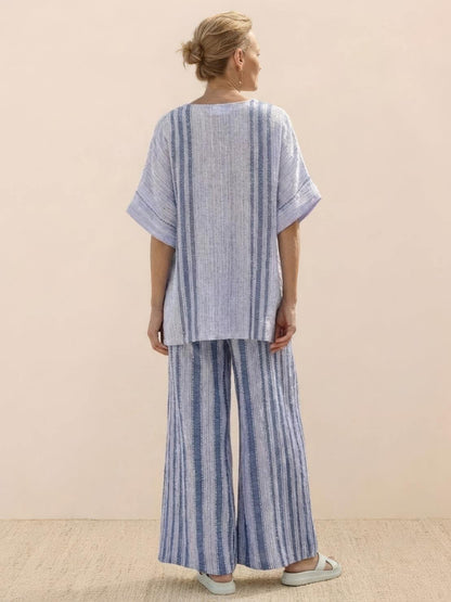 Women's Striped Wide Leg Pants Set Cotton Casual Two Piece