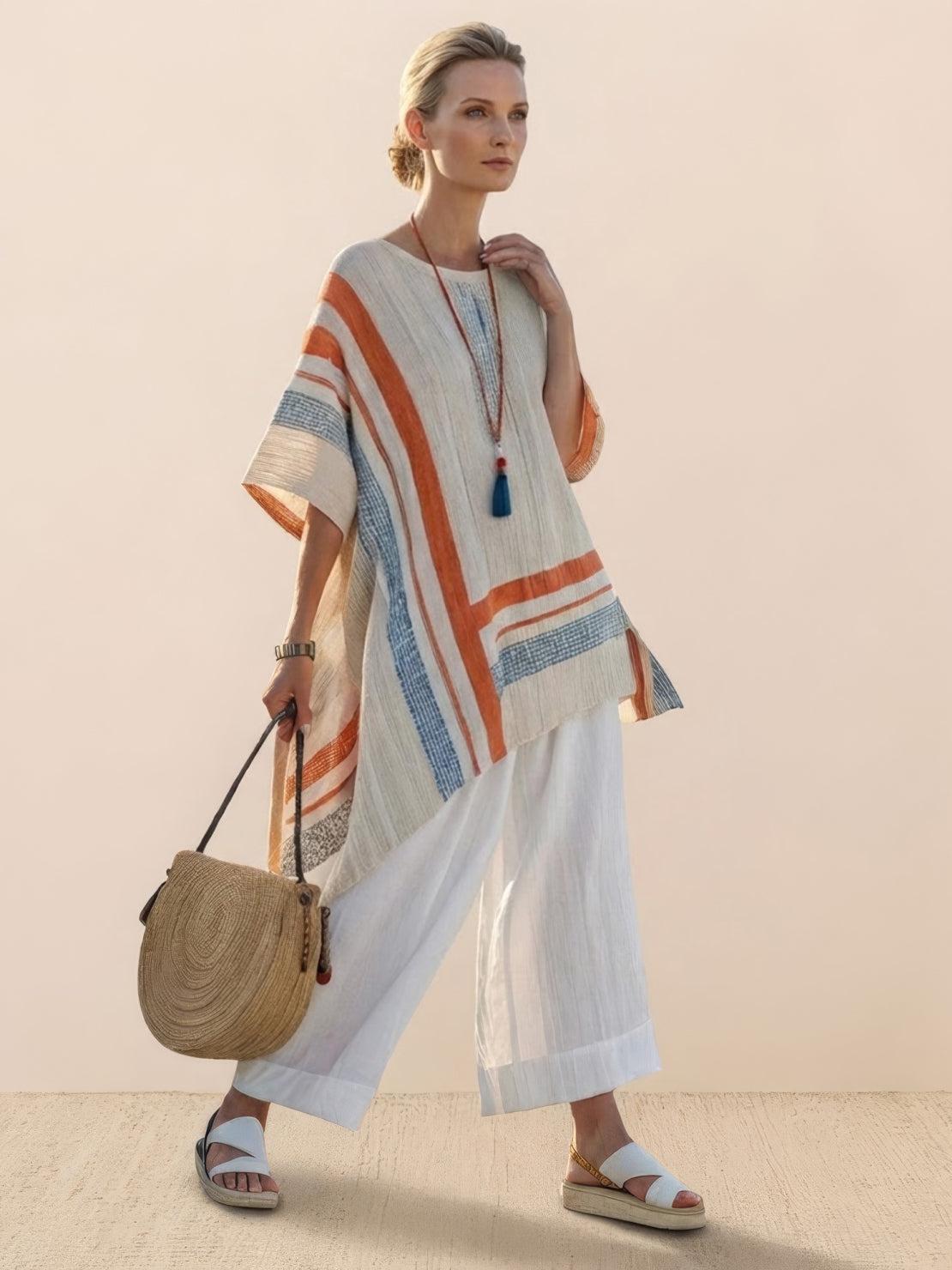 Women's Striped Wide Leg Pants Set Cotton Casual Two Piece