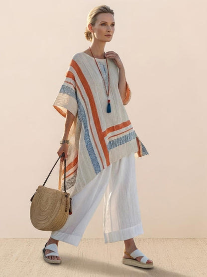Women's Striped Wide Leg Pants Set Cotton Casual Two Piece