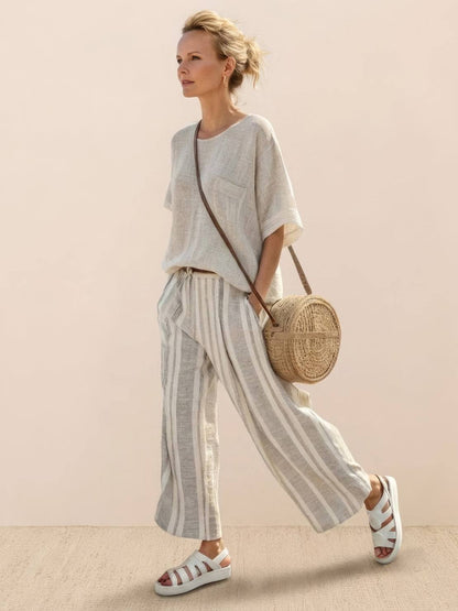 Paloma | Women's Casual Striped Wide-Leg Pants and Tee Two-Piece Set