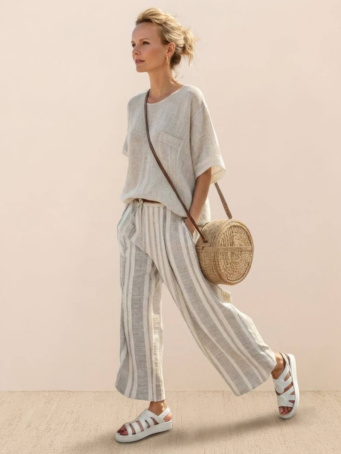 Women's Striped Wide Leg Pants Set Cotton Casual Two Piece - Vonnera