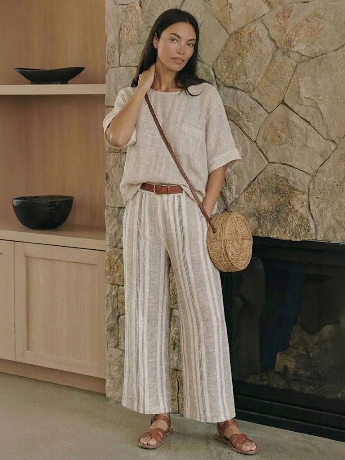 Women's Striped Wide Leg Pants Set Cotton Casual Two Piece