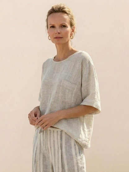 Women's Striped Wide Leg Pants Set Cotton Casual Two Piece