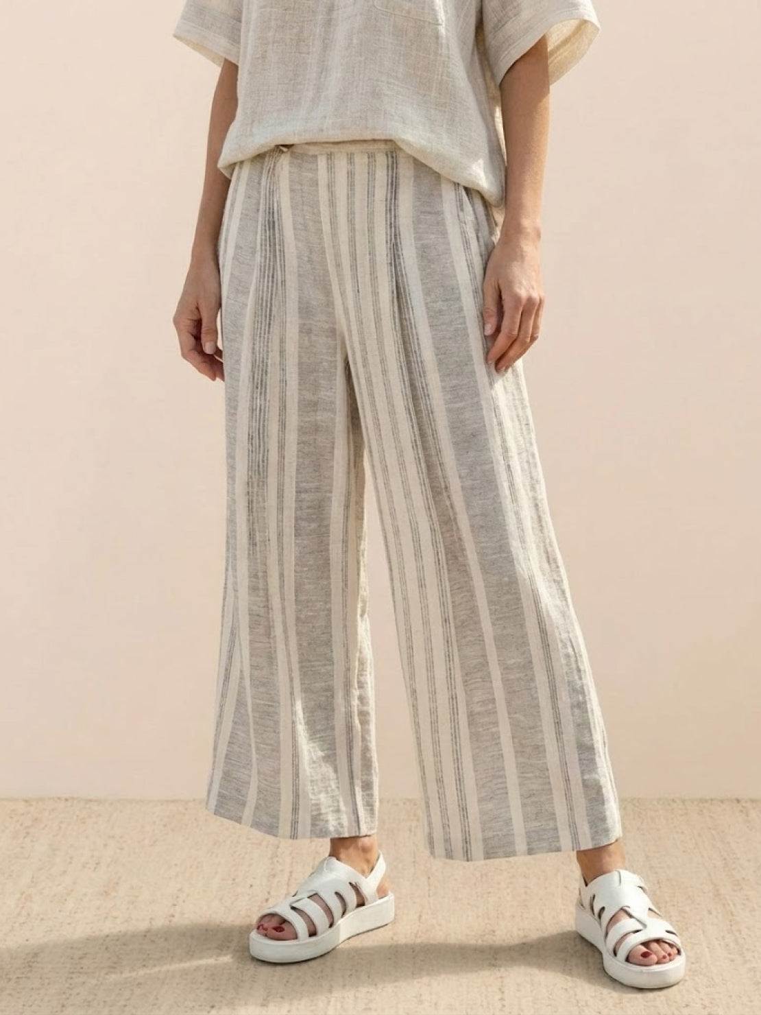 Women's Striped Wide Leg Pants Set Cotton Casual Two Piece