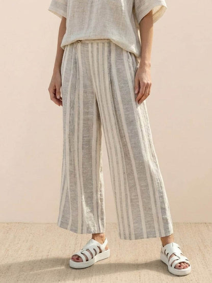 Women's Striped Wide Leg Pants Set Cotton Casual Two Piece