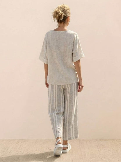 Women's Striped Wide Leg Pants Set Cotton Casual Two Piece