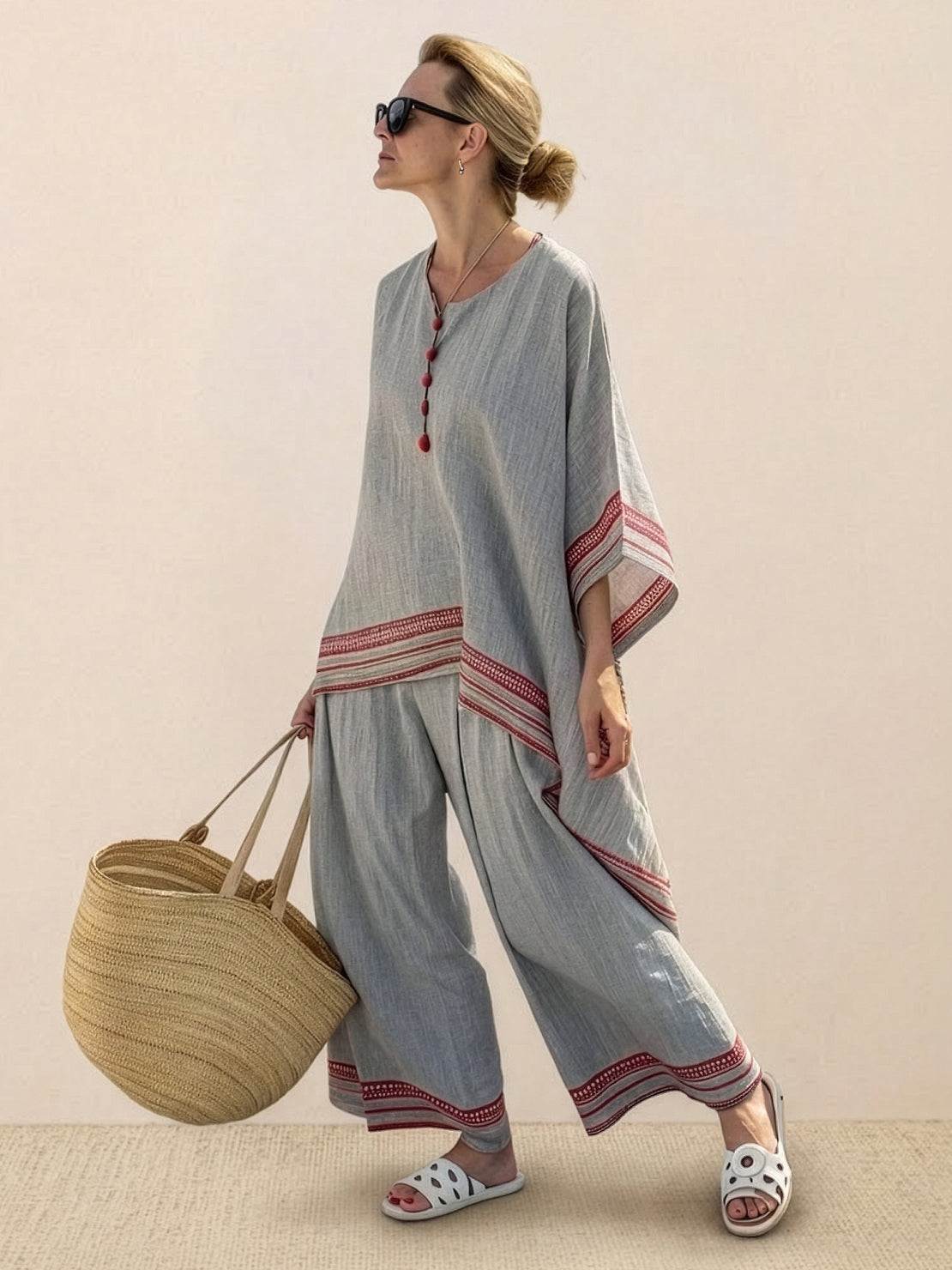 Women's Striped Wide Leg Pants Set Cotton Casual Two Piece