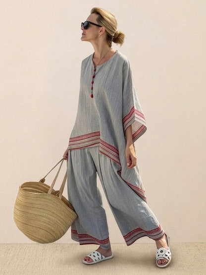 Women's Striped Wide Leg Pants Set Cotton Casual Two Piece