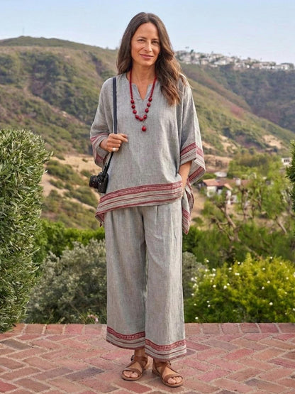 Women's Striped Wide Leg Pants Set Cotton Casual Two Piece