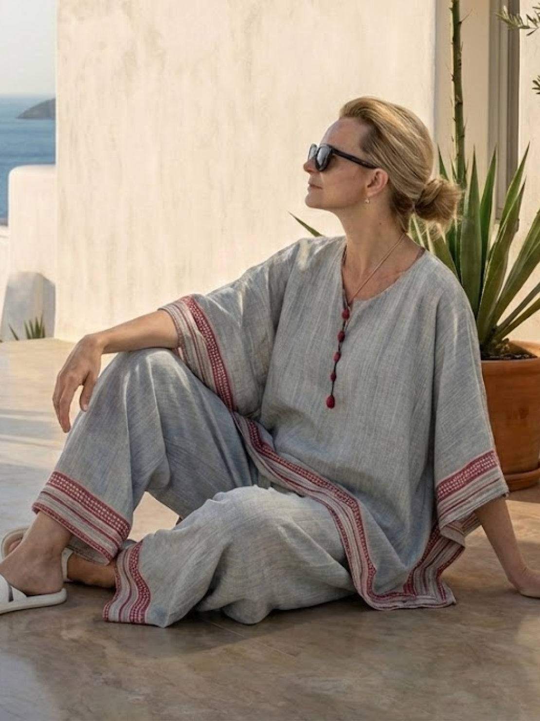 Women's Striped Wide Leg Pants Set Cotton Casual Two Piece