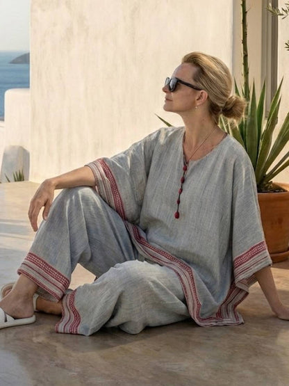 Women's Striped Wide Leg Pants Set Cotton Casual Two Piece