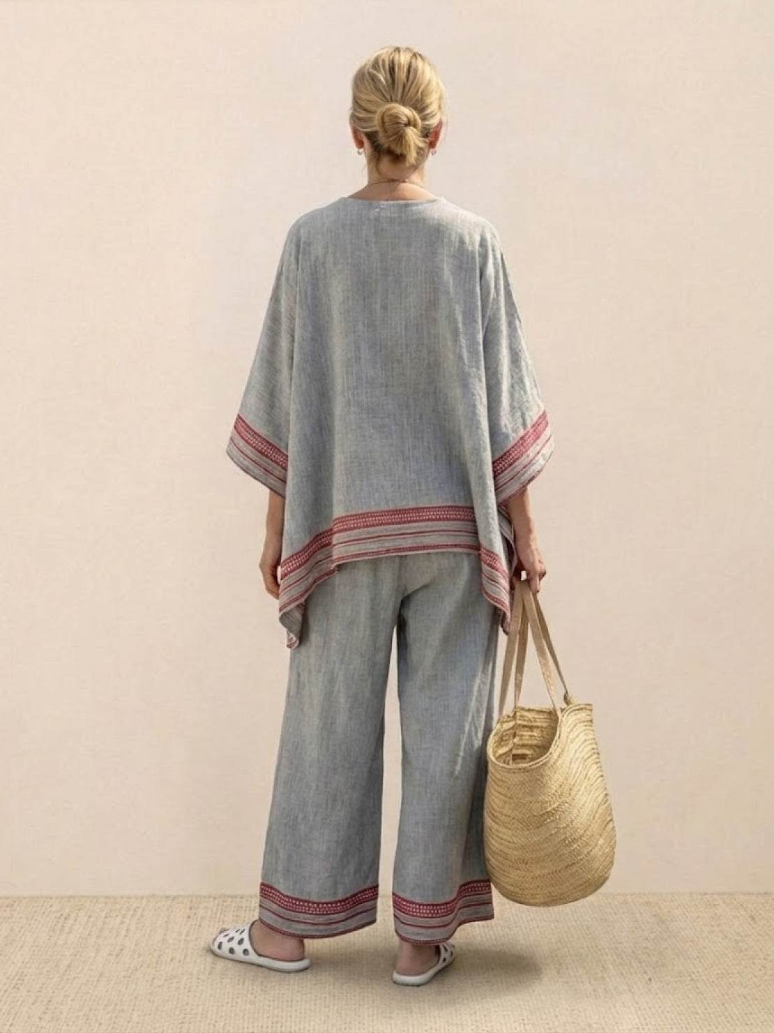 Women's Striped Wide Leg Pants Set Cotton Casual Two Piece
