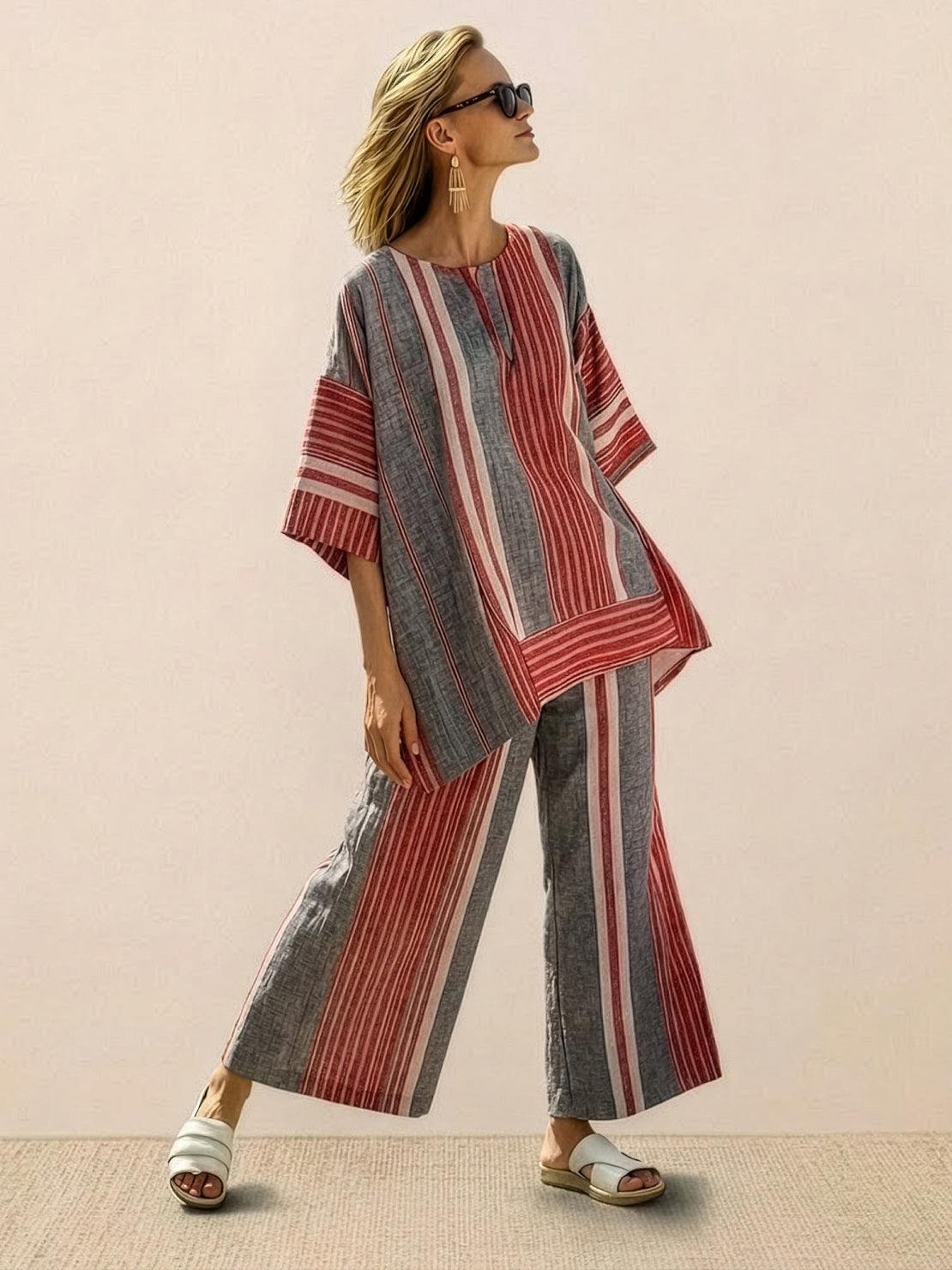 Women's Striped Wide Leg Pants Set Cotton Casual Two Piece
